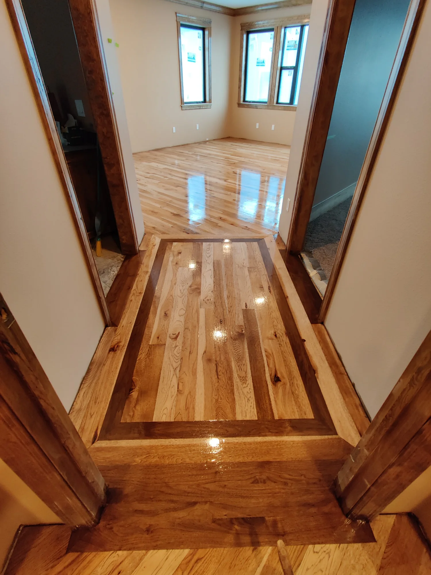 Solid red oak strip flooring with a neutral finish